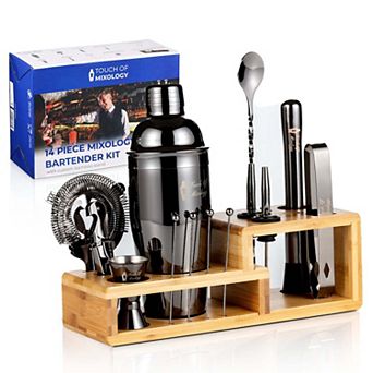 Touch Of Mixology Premium 14 pc Stainless Steel Bartender Kit With Bamboo Stand