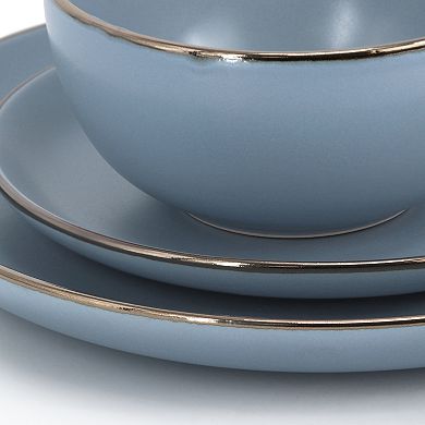 16 Piece Stoneware Metallic Rim Dinnerware Set in Matte Blue