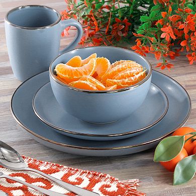 16 Piece Stoneware Metallic Rim Dinnerware Set in Matte Blue