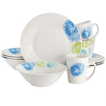 12 pc Fine Ceramic Dinnerware Set in White with Colored Accents