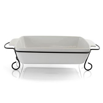 2 pc Rectangle 15.5 Inch Stoneware Bakeware with Metal Rack