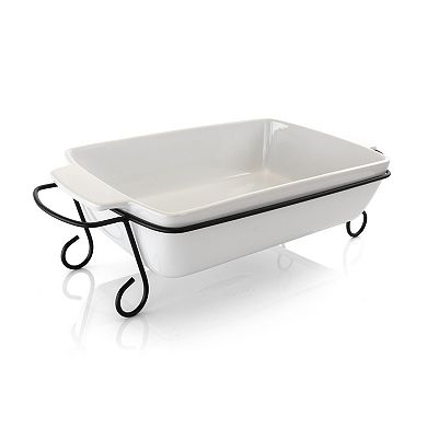 2 Piece Rectangle 15.5 Inch Stoneware Bakeware with Metal Rack