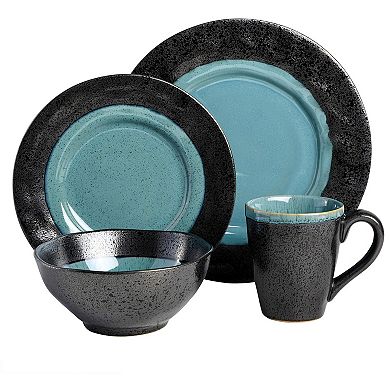 16 Piece Stoneware Reactive Glaze Dinnerware Set in Aqua
