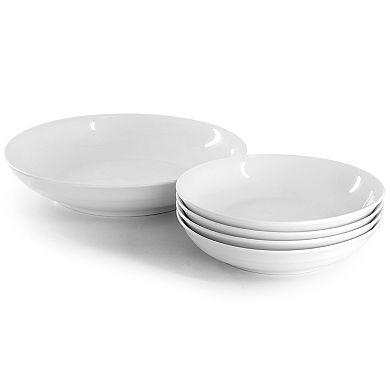 5 Piece Fine Ceramic Serving Bowl and Pasta Bowl Set in White