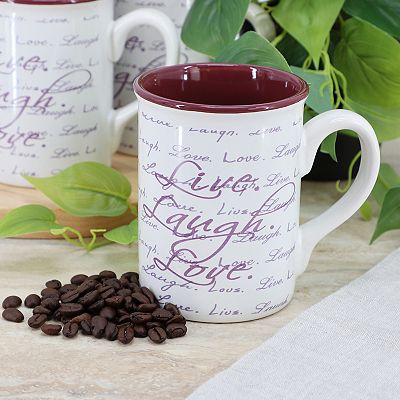 Gibson Home Inspirational Words Live, Laugh, Love 4 Piece 16 Ounce Stoneware Mug Set in Purple