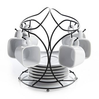 13 pc Porcelain Espresso and Saucer Set with Metal Rack