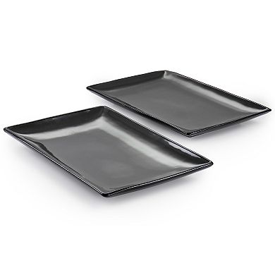 2 Piece 12 Inch Rectangle Stoneware Platter Set in Grey