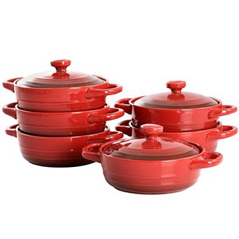 6 pc 10 Ounce Stoneware Mini Casserole Set in Red with Lid