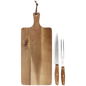 3 pc Acacia Wood Serving Board with Carving Knife and Fork in Brown
