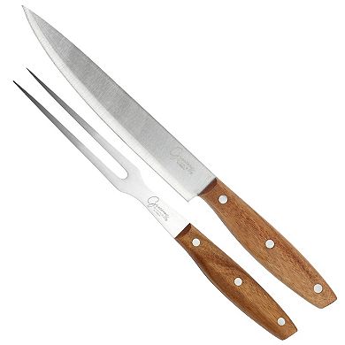 3 Piece Acacia Wood Serving Board with Carving Knife and Fork in Brown