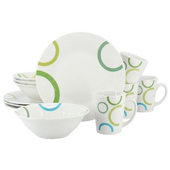 Green Loops 12 pc Round Fine Ceramic Dinnerware Set in White