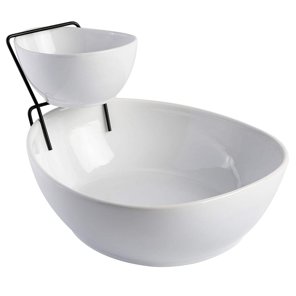 3 Piece 2 Tier Fine Ceramic Chip and Dip Serving Set in White