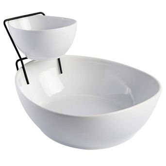 3 pc 2 tier Fine Ceramic Chip and Dip Serving Set in White