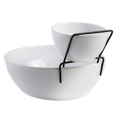 3 Piece 2 Tier Fine Ceramic Chip and Dip Serving Set in White