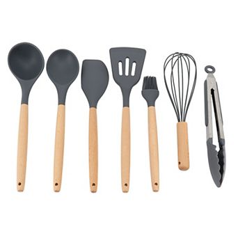 7 pc Silicone Beech Wood Kitchen Tool Set in Grey