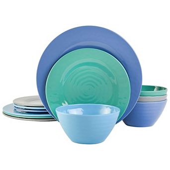 12 pc Round Melamine Dinnerware Set in Assorted Blue