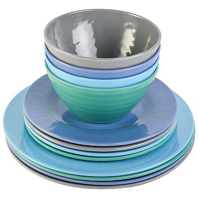 12 Piece Round Melamine Dinnerware Set in Assorted Blue