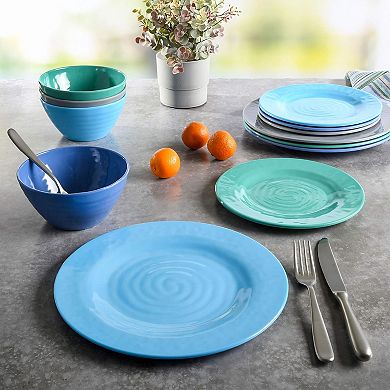 12 Piece Round Melamine Dinnerware Set in Assorted Blue