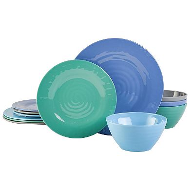 12 Piece Round Melamine Dinnerware Set in Assorted Blue
