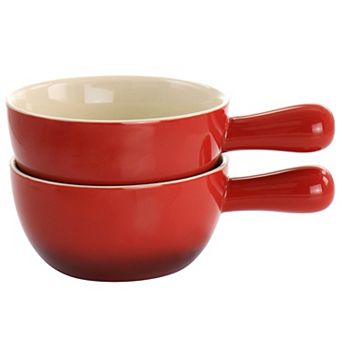 2 pc Stoneware 22oz Soup Bowl Set with Long Handle in Gradient Red