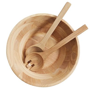 3 Piece Rubber Wood Salad Bowl and Servers in Light Brown