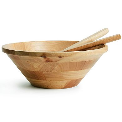 3 Piece Rubber Wood Salad Bowl and Servers in Light Brown