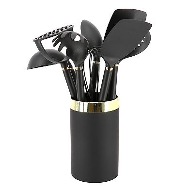 10 Piece Nylon Kitchen Tool Set and Utensil Crock in Black and Gold