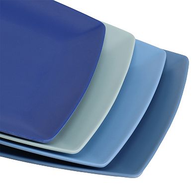 4 Piece 10.5 Inch Square Melamine Dinner Plate Set in Assorted Blue