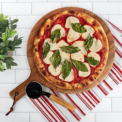 2 Piece Acacia Wood Serving Board and Pizza Cutter Set in Brown