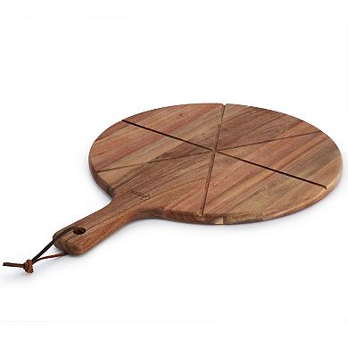 2 Piece Acacia Wood Serving Board and Pizza Cutter Set in Brown