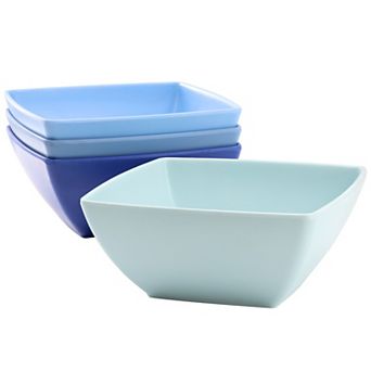 4 pc 6 Inch Square Melamine Dinner Bowl Set in Assorted Blue