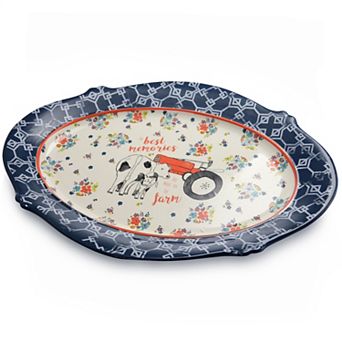 18.5 Inch Oval Ceramic Serving Platter in Farm Pattern