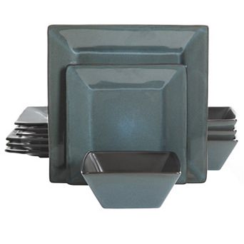 12 pc Hard Square Stoneware Dinnerware Set in Blue and Black