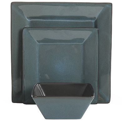 12 Piece Hard Square Stoneware Dinnerware Set in Blue and Black