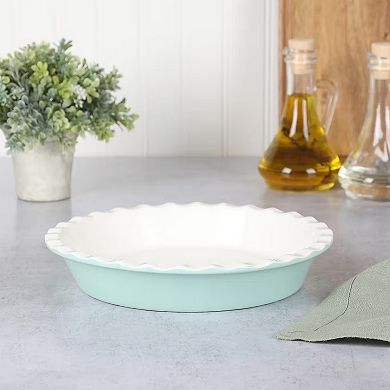 9 Inch Round Scalloped Edge Stoneware Pie Pan in Blue