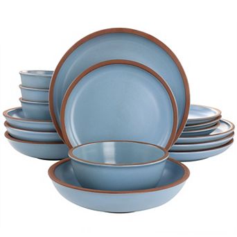 16 pc Terracotta Double Bowl Dinnerware Set in Solid Matte Blue