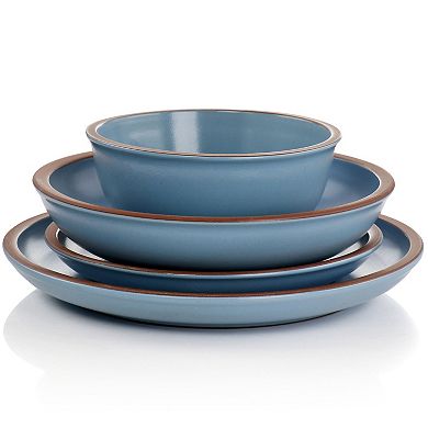 16 Piece Terracotta Double Bowl Dinnerware Set in Solid Matte Blue