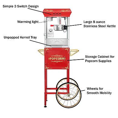 Carnival 8oz Popcorn Machine with Cart and 5 All-in-One Popcorn Packs by Great Northern Popcorn