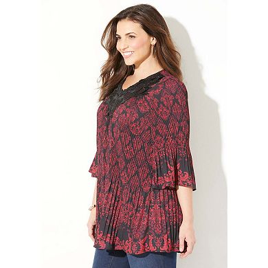 Catherines Women's Plus Size Petite Velvet Trim Pleated Blouse