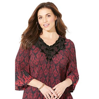 Catherines Women's Plus Size Petite Velvet Trim Pleated Blouse