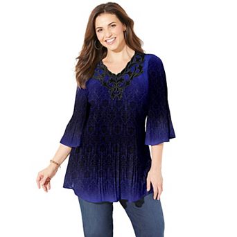 Catherines Women's Plus Size Petite Velvet Trim Pleated Blouse