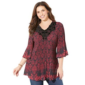 Catherines Women's Plus Size Petite Velvet Trim Pleated Blouse