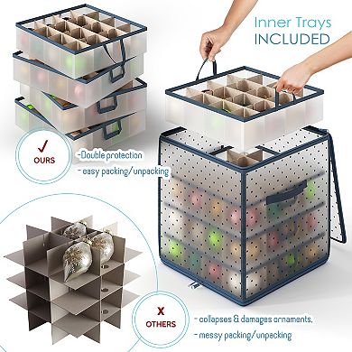 Hearth & Harbor Christmas Plastic Ornament Storage Box With 4 Inner Tray Dividers