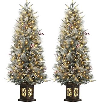 2 pc Realistic 4.5ft Pre-Lit Potted Christmas Tree with Snow Flocked Pine Needles