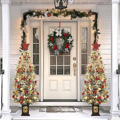 2 pcs Realistic 4.5ft Pre-Lit Potted Christmas Tree with Snow Flocked Pine Needles