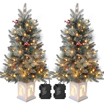 2 pc 3 Ft Prelit Premium Snow Flocked Artificial Christmas Tree with 8 Mode Warm