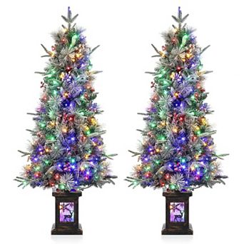 2 pc 4.5ft Pre-Lit Artificial Slim Christmas Tree, Flocked or Full Designs, Elk Light Box