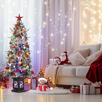 2pcs 4.5ft Pre-Lit Artificial Slim Christmas Tree, Flocked or Full Designs, Elk Light Box