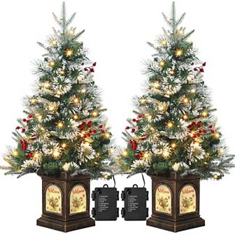 2 pc 3ft Pre-Lit Artificial Mini Christmas Tree with 78 Led Lights & Vintage Bells Base with Berries