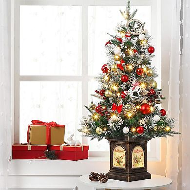 2pcs 3ft Pre-Lit Artificial Mini Christmas Tree with 78 Led Lights & Vintage Bells Base with Berries